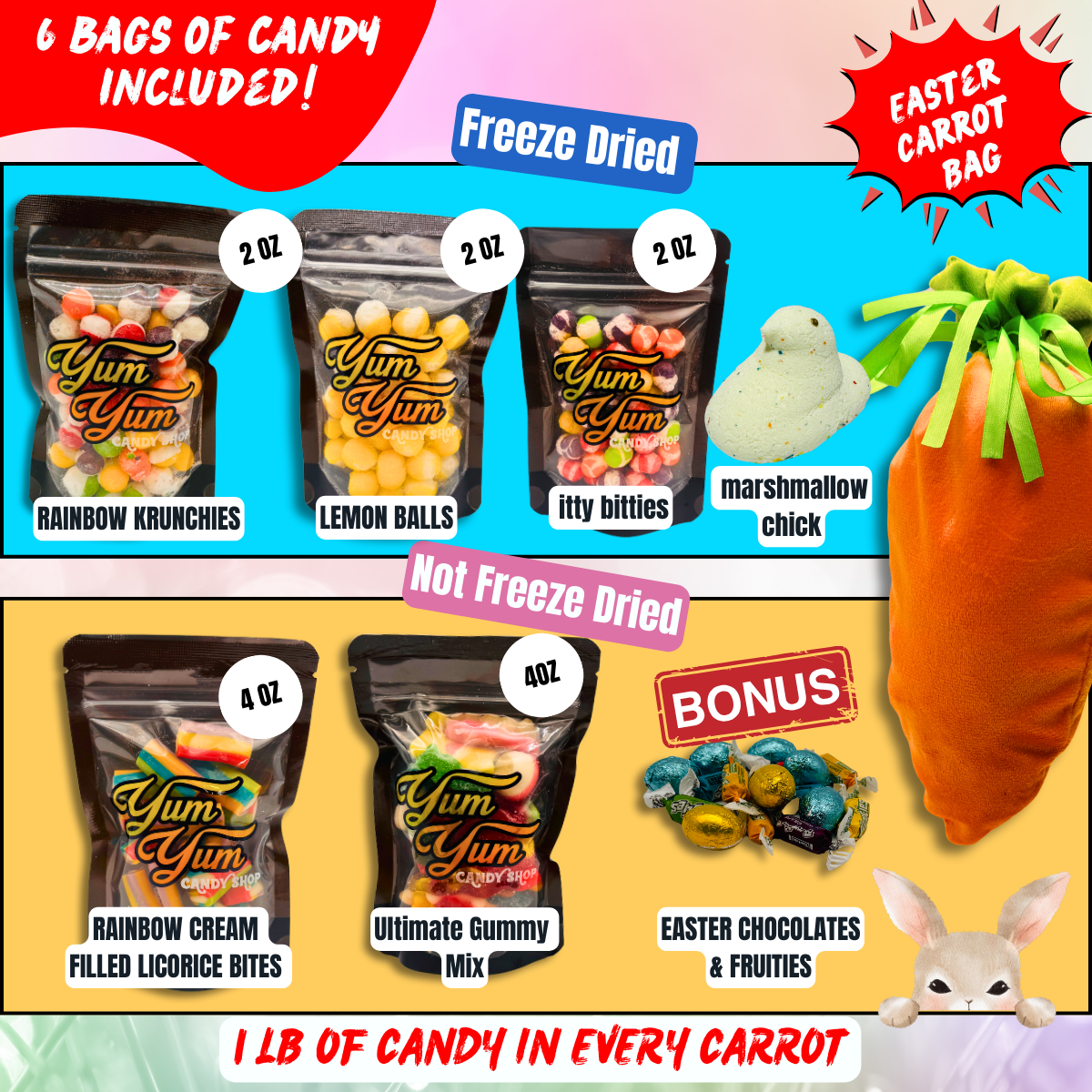 Easter Carrot Candy Gift Basket Freeze Dried, Gummy, Licorice, Candy Snack Sweet Bundle, Bag Set