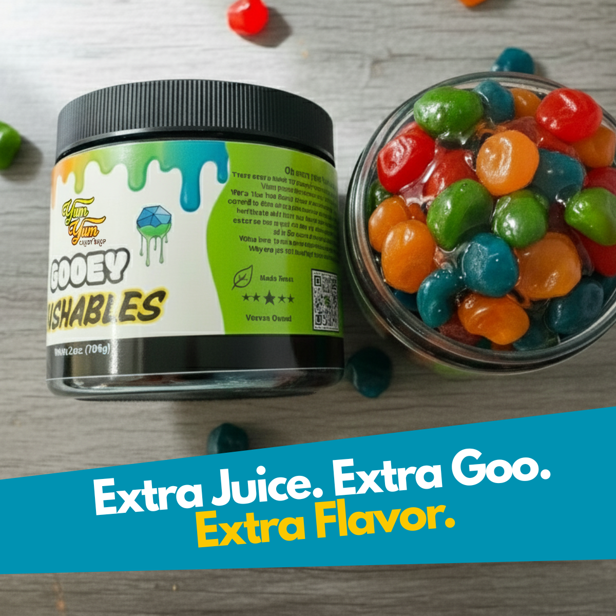 Gooey Gushables - Juicy Fruit Snacks in Sour Blue Raspberry Goo 25oz Jar Sweet Fruity Center Tangy Flavor Perfect for Sharing