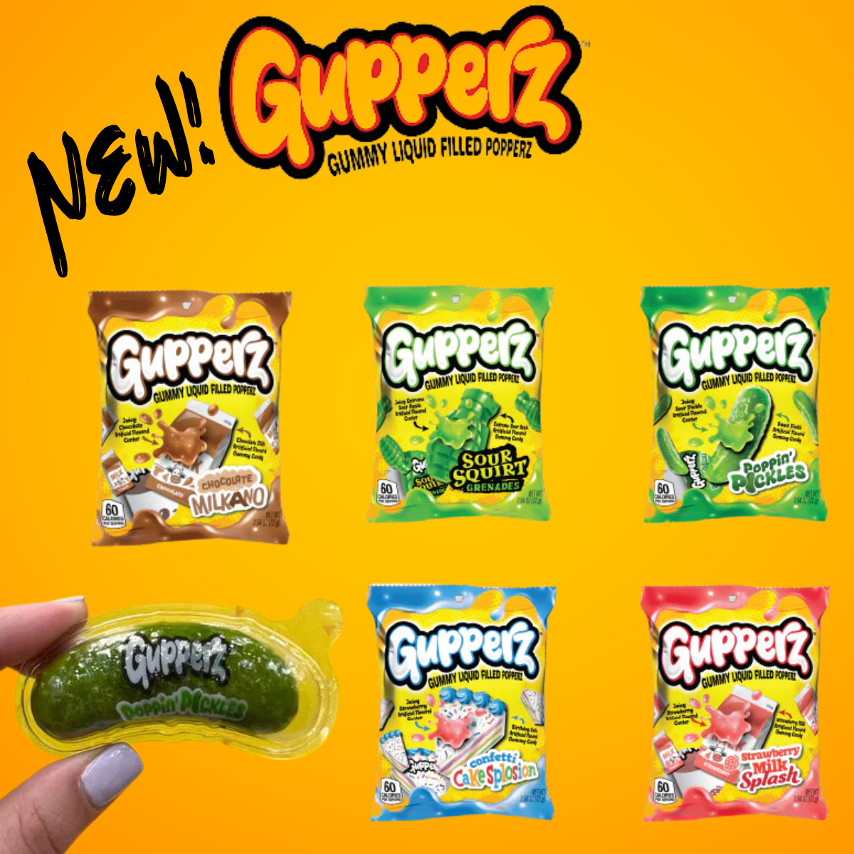 5 Pack Gupperz Gummy Liquid Filled Popper Gummy Candies Poppin Pickle, Sour Grenade, Strawberry Milk, Confetti Cake, & Chocolate Milk,