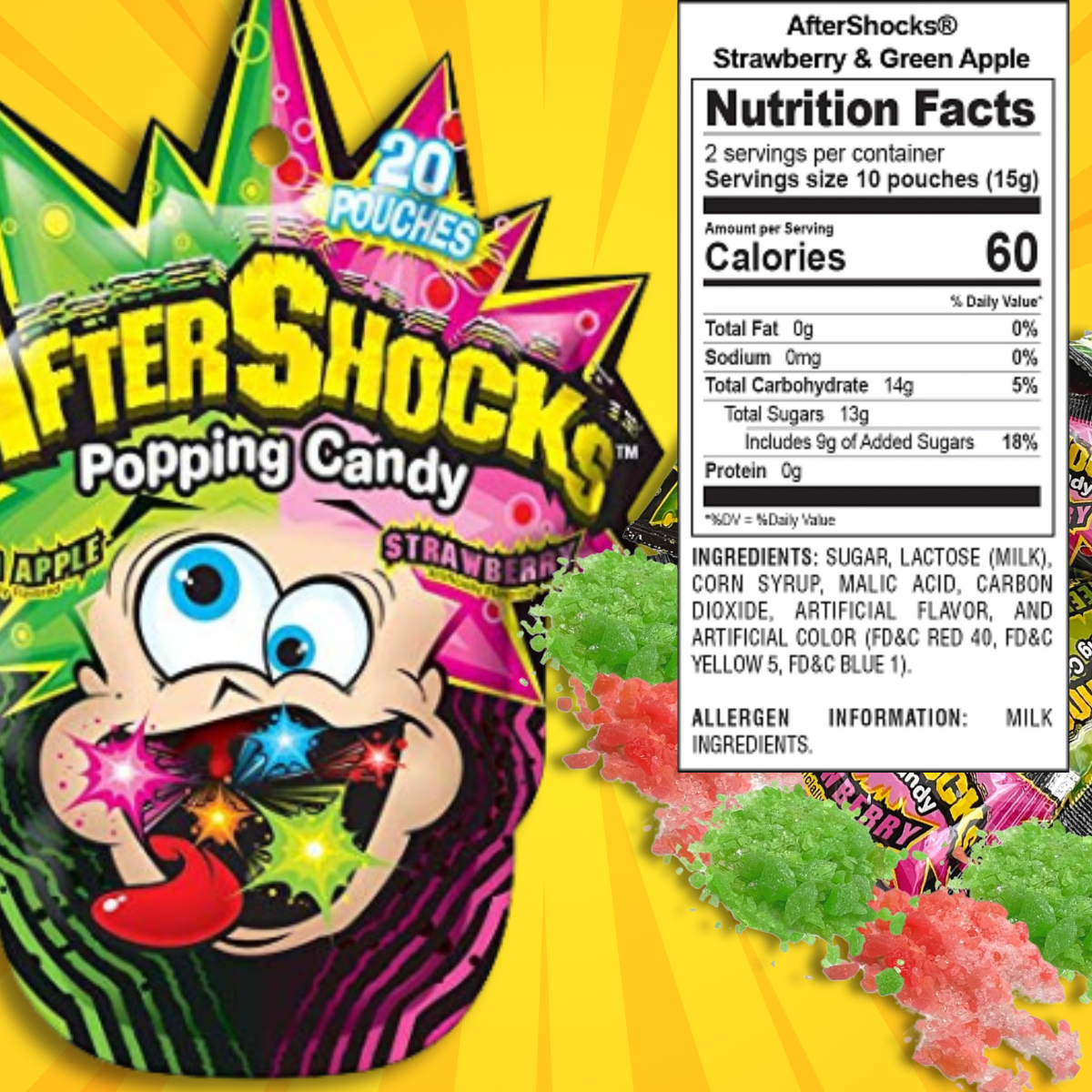 AfterShocks Popping Candy 1.06 oz (20 Individual Packets) Green Apple Strawberry