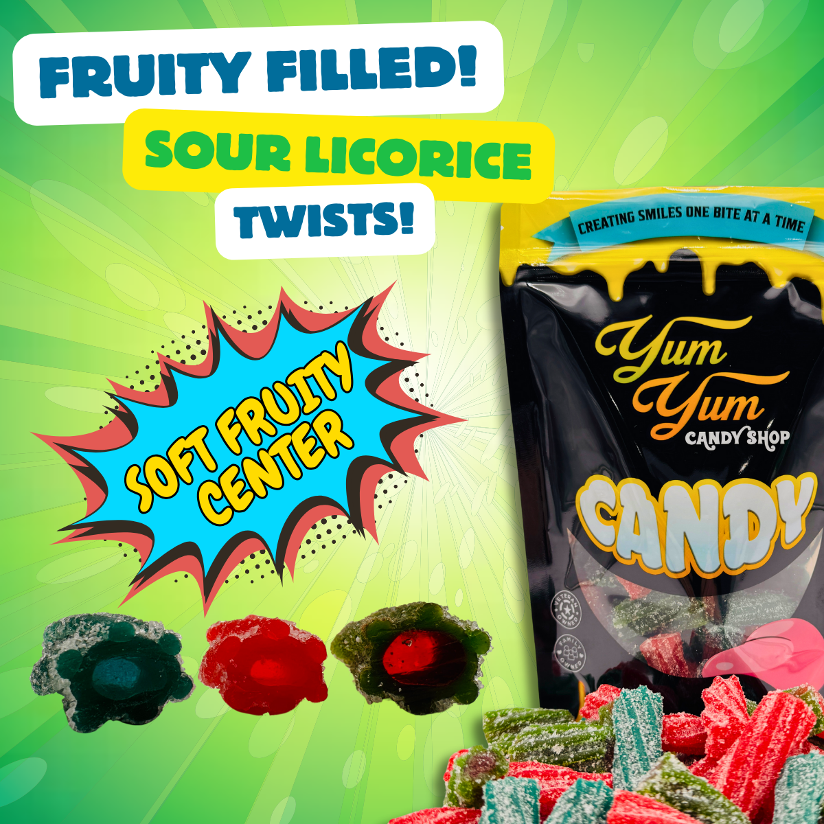 Fruit Filled Sour Licorice Twists Variety - Pectin Filled Candy Bite Sized - Watermelon, Strawberry, Blue Raspberry