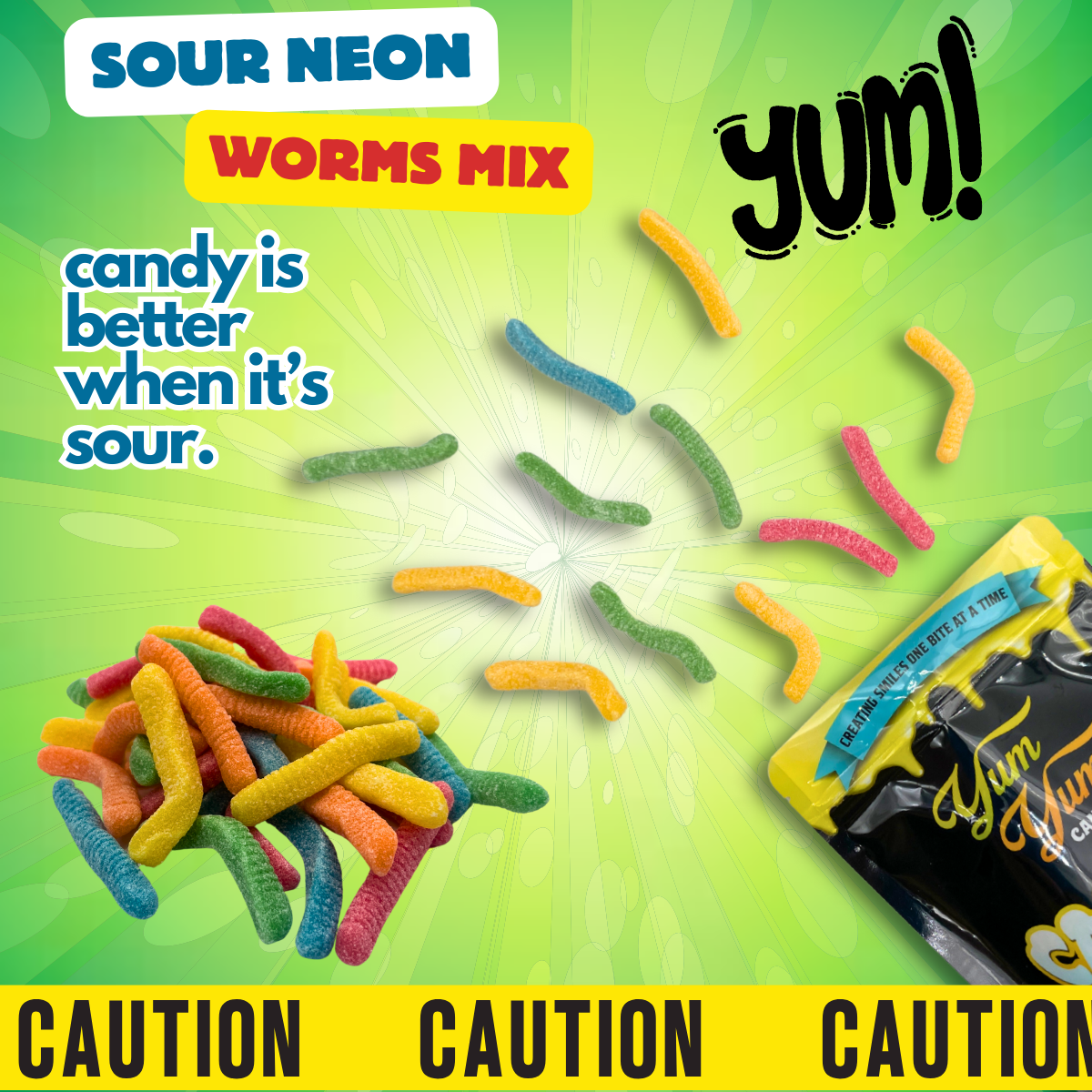 Ultimate Neon Sour Gummy Worm Mix 5 Flavors Green Apple, Strawberry, Blue Raspberry, Pineapple, and Orange Sweet Snack