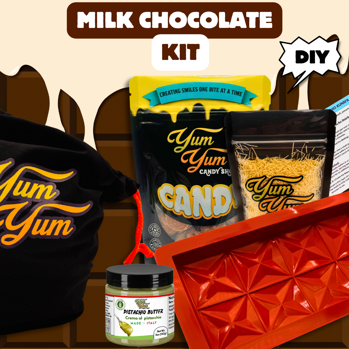 Dubai Pistachio Chocolate Bar Kit – DIY White, Dark & Milk Chocolate | Yum Yum Candy Shop