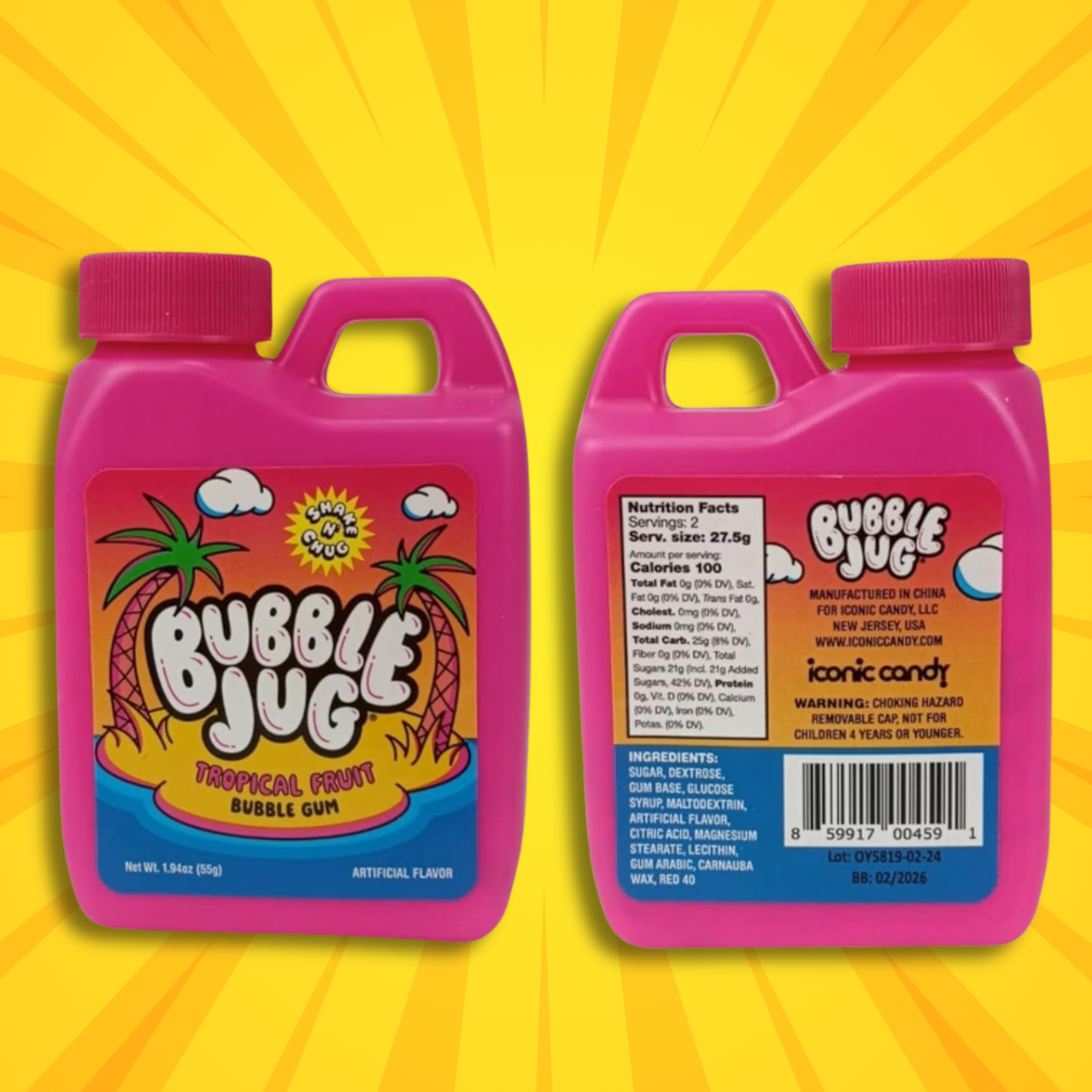 Bubble Jug Tropical Fruit Bubble Gum - 90s Candy  Shake N' Chug Gum Iconic Candy Retro