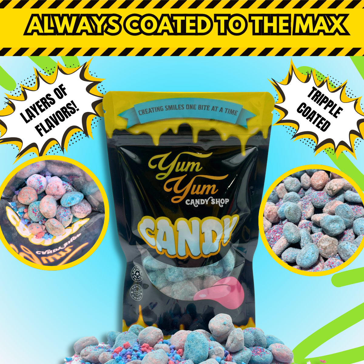 Cotton Candy Fruit Splasherz Blue Raspberry and Cherry Flavored 10 oz Bag Triple Coated Gushing Candy Snack