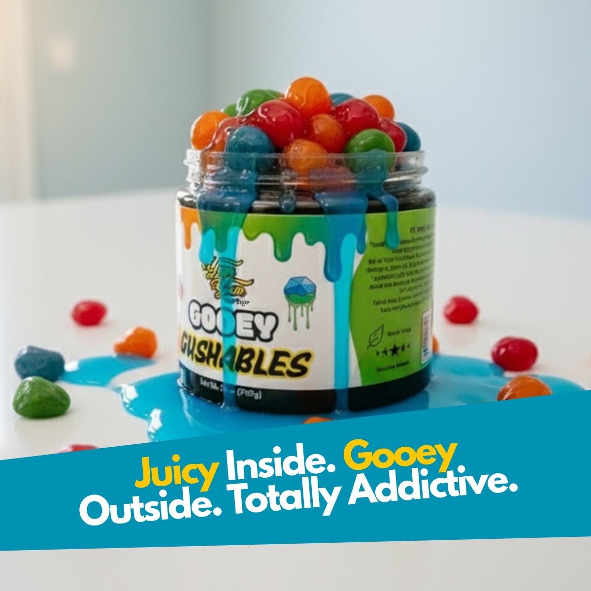 Gooey Gushables - Juicy Fruit Snacks in Sour Blue Raspberry Goo 25oz Jar Sweet Fruity Center Tangy Flavor Perfect for Sharing