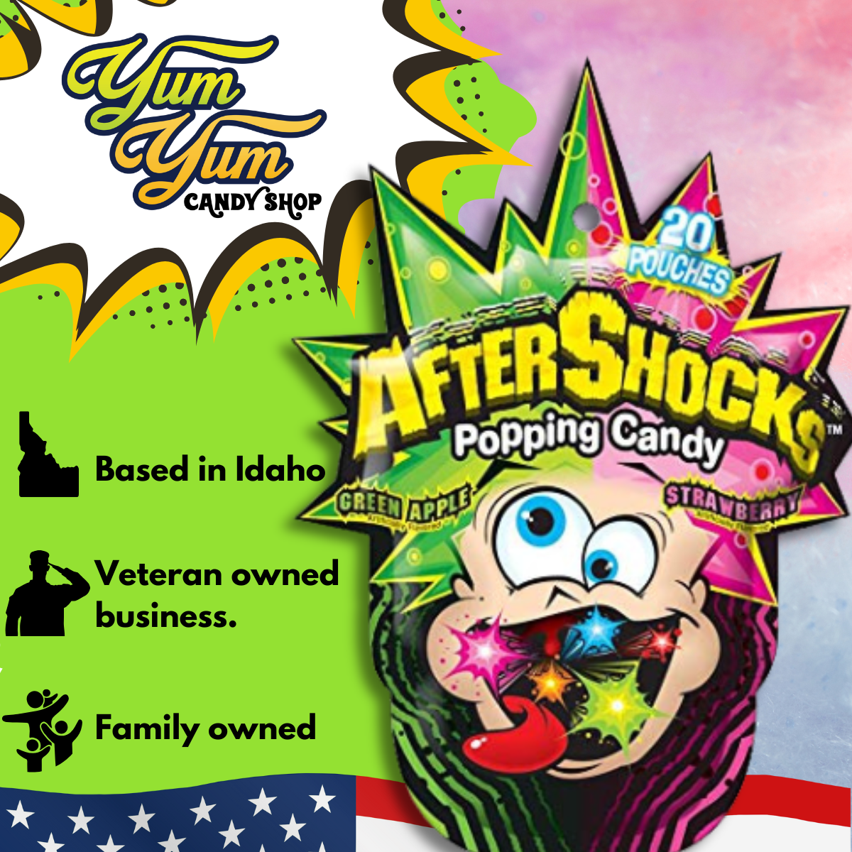 AfterShocks Popping Candy 1.06 oz (20 Individual Packets) Green Apple Strawberry