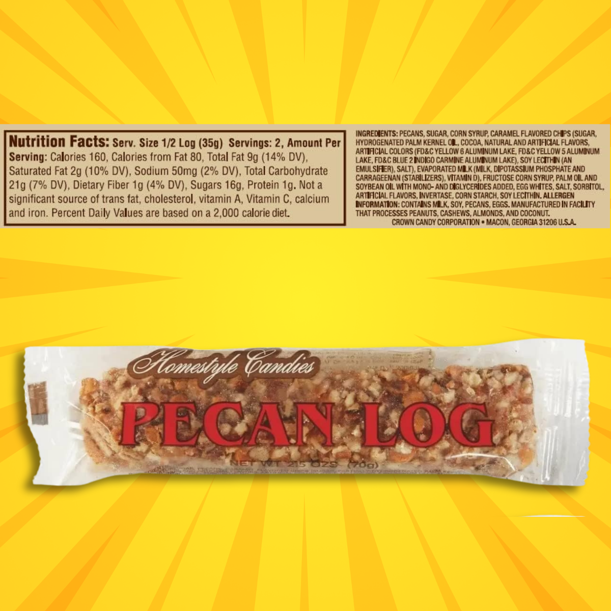 Crown Candy Pecan Logs Retro Classic Pecan Treat Individually Wrapped 2.5oz Pecan Log