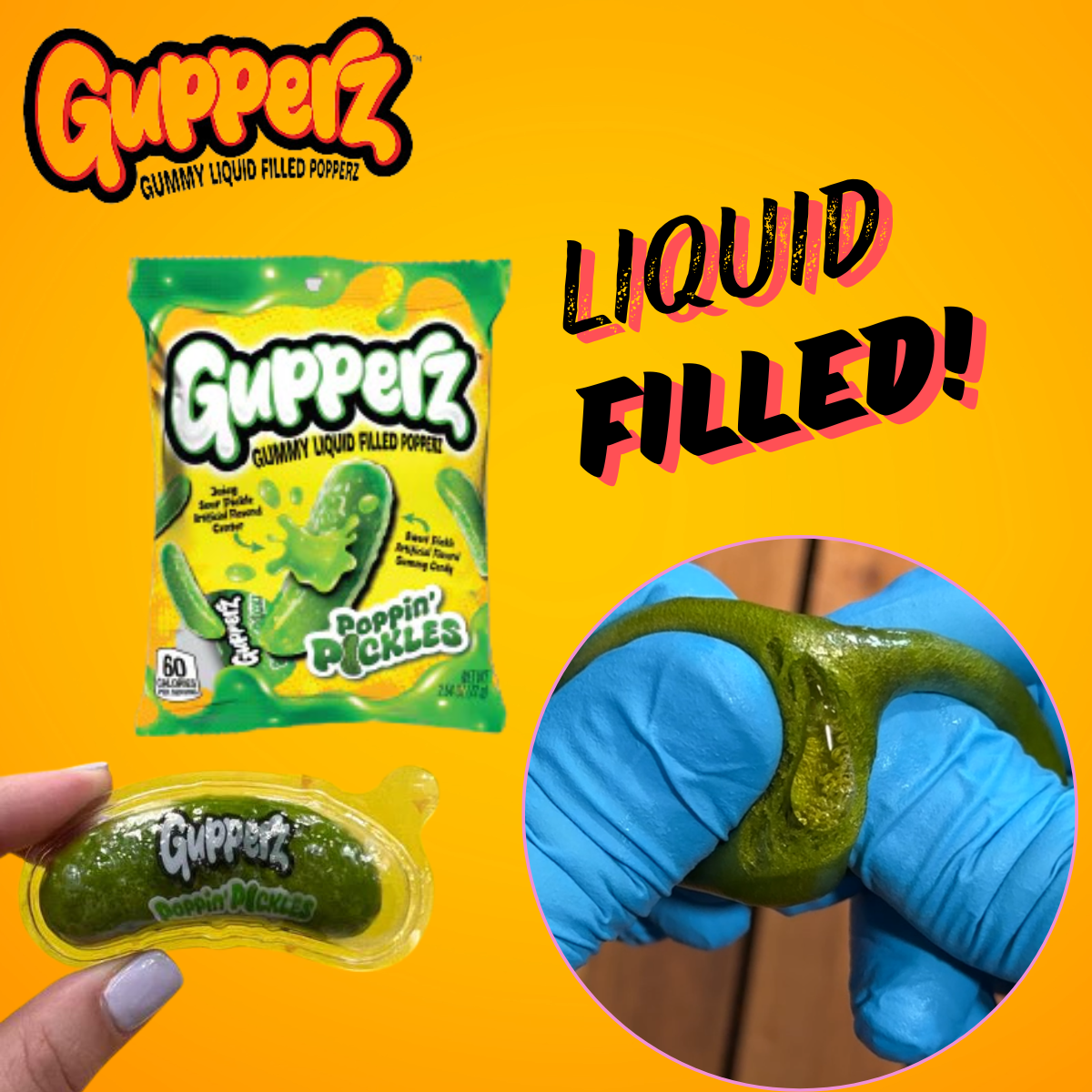 5 Pack Gupperz Gummy Liquid Filled Popper Gummy Candies Poppin Pickle, Sour Grenade, Strawberry Milk, Confetti Cake, & Chocolate Milk,