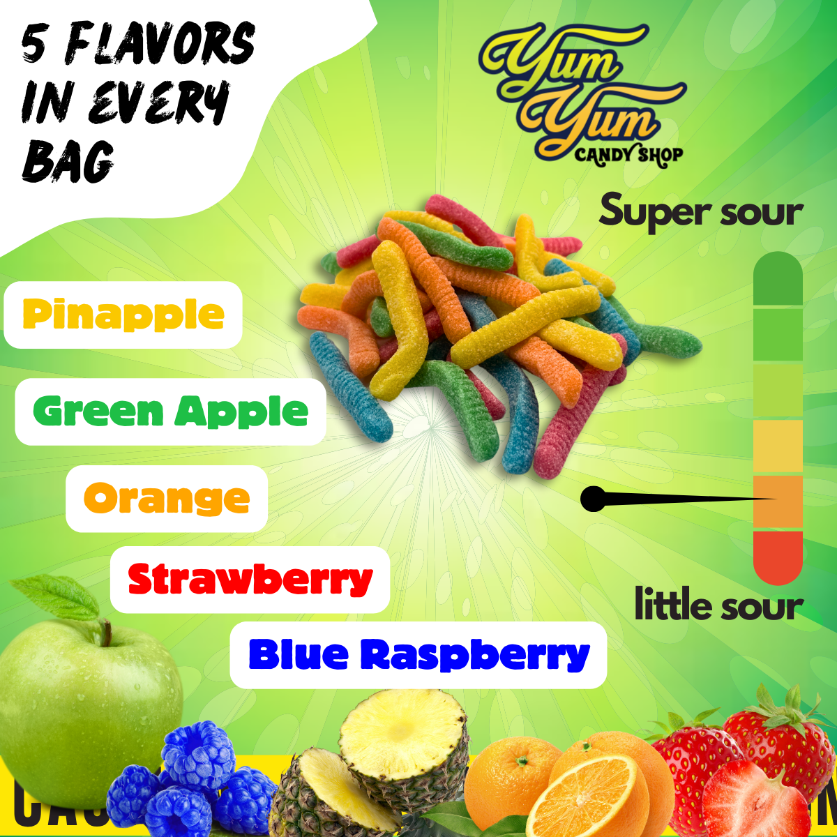 Ultimate Neon Sour Gummy Worm Mix 5 Flavors Green Apple, Strawberry, Blue Raspberry, Pineapple, and Orange Sweet Snack