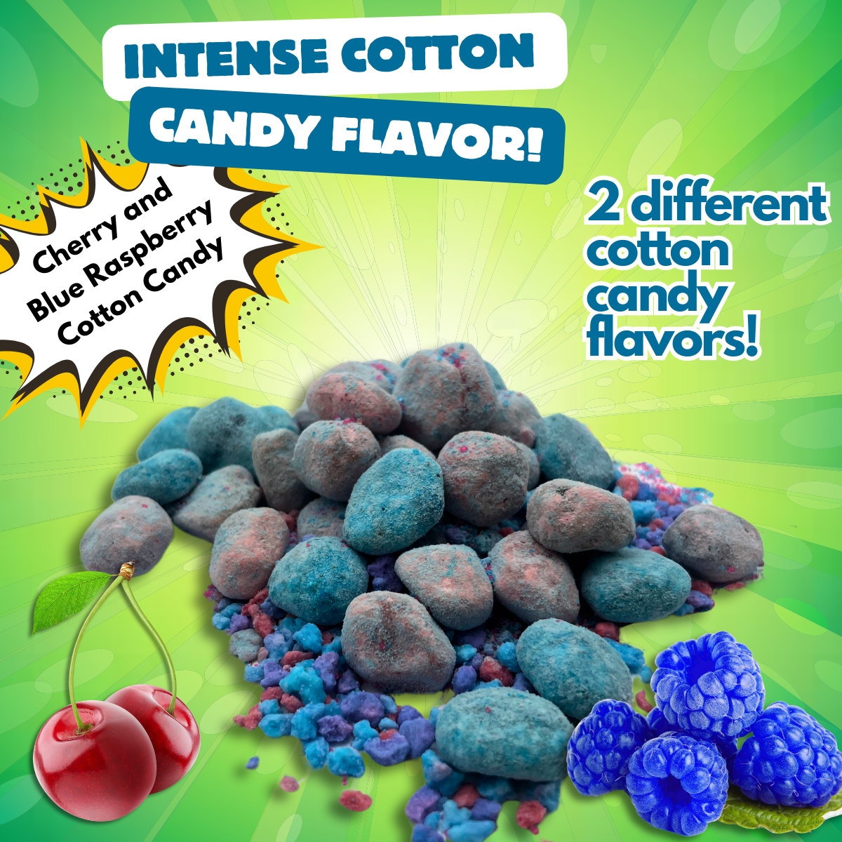 Cotton Candy Fruit Splasherz Blue Raspberry and Cherry Flavored 10 oz Bag Triple Coated Gushing Candy Snack