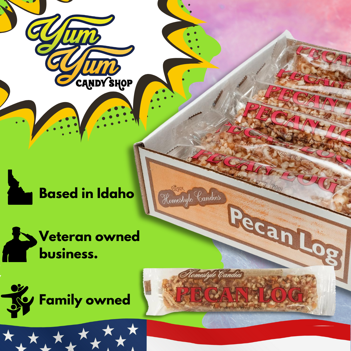 Crown Candy Pecan Logs Retro Classic Pecan Treat Individually Wrapped 2.5oz Pecan Log