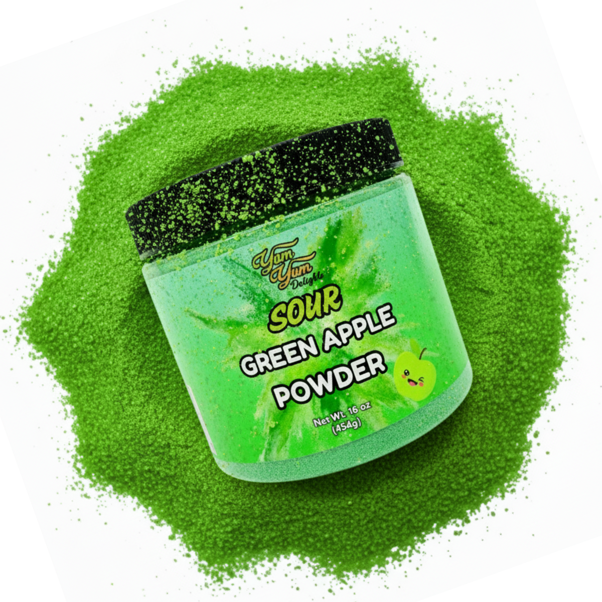 Sour Green Apple candy dipping powder in a 16 oz tub on bright green powder