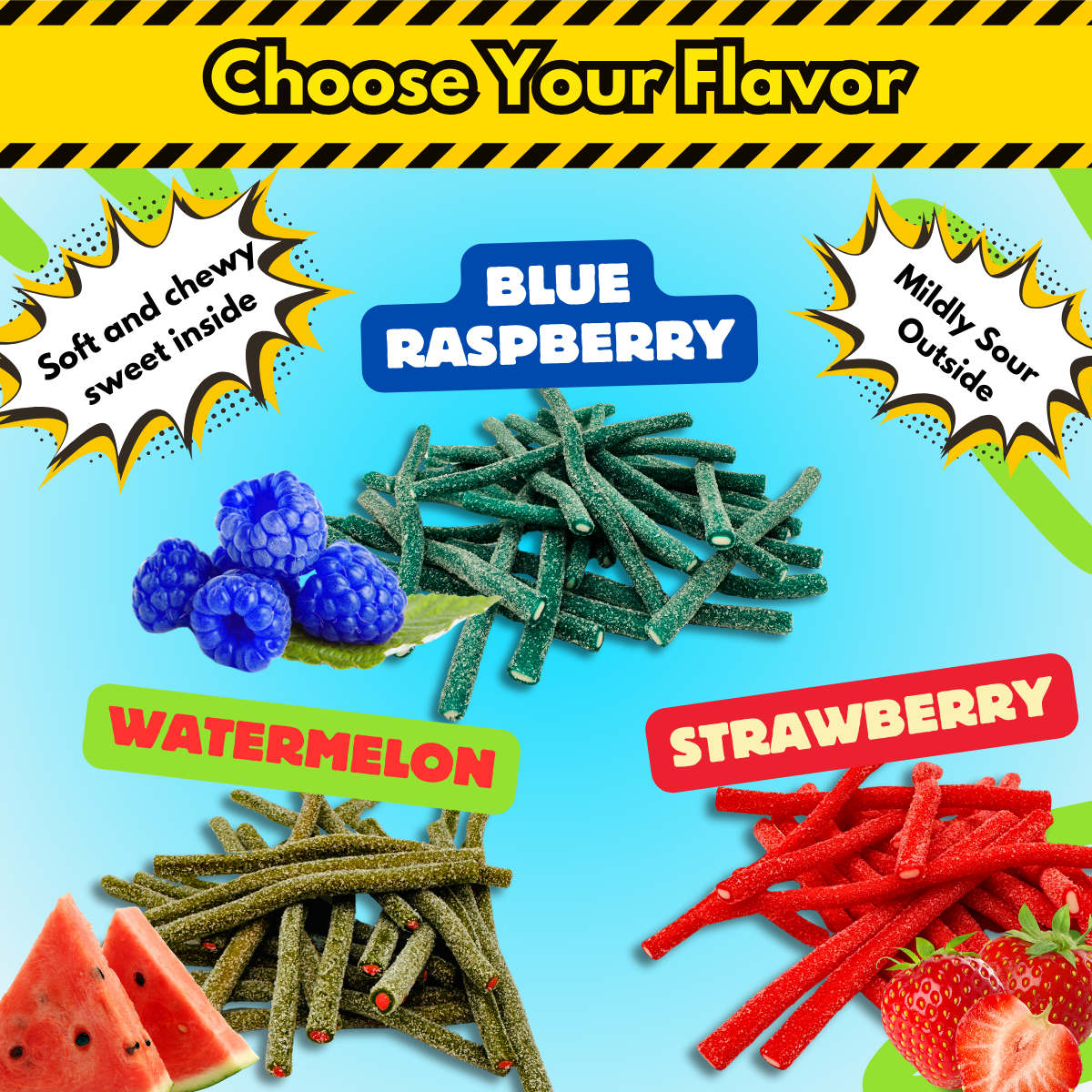 Center Filled Sour Licorice Tubes Sweet Cream Filled Ropes Blue Raspberry, Strawberry, and Watermelon