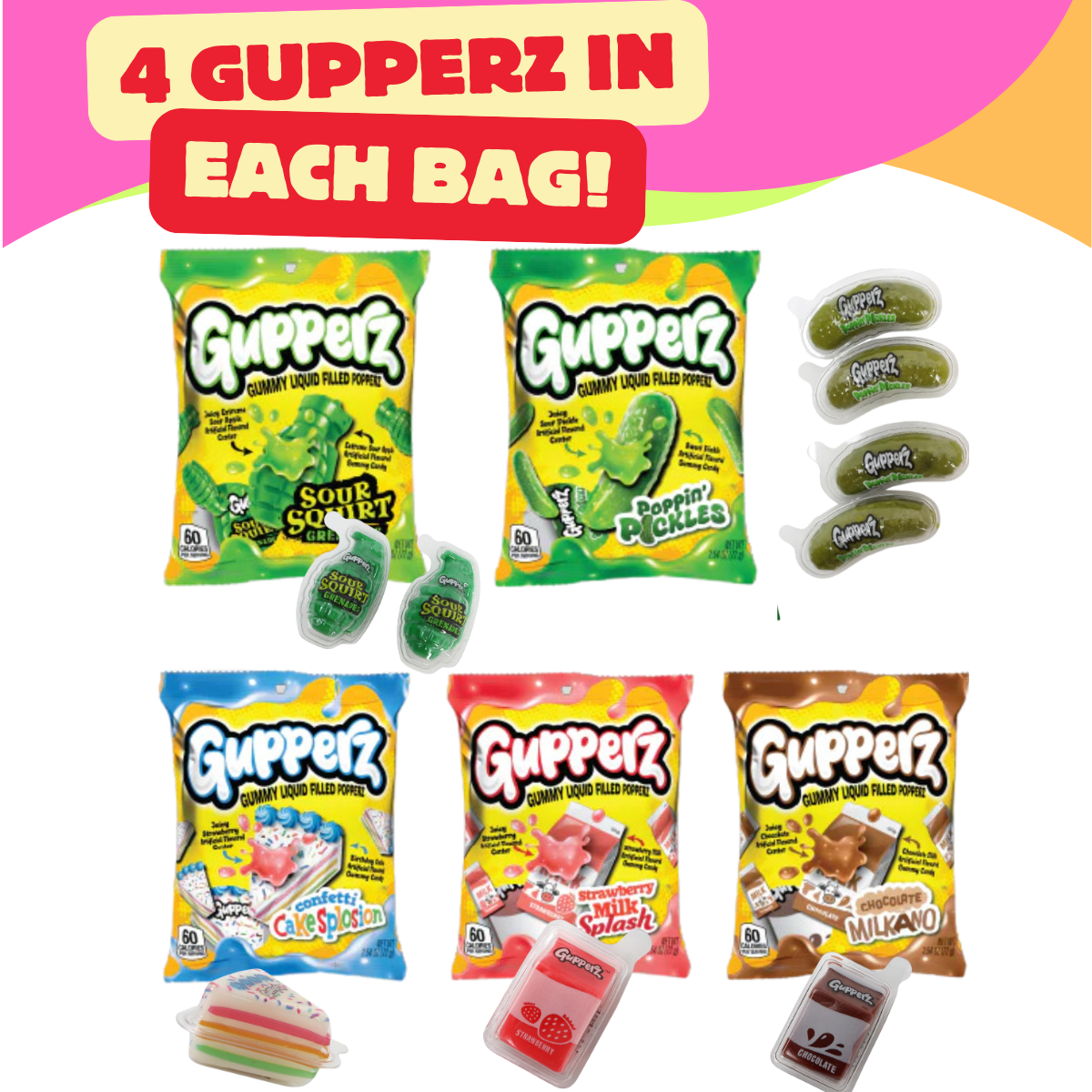 5 Pack Gupperz Gummy Liquid Filled Popper Gummy Candies Poppin Pickle, Sour Grenade, Strawberry Milk, Confetti Cake, & Chocolate Milk,