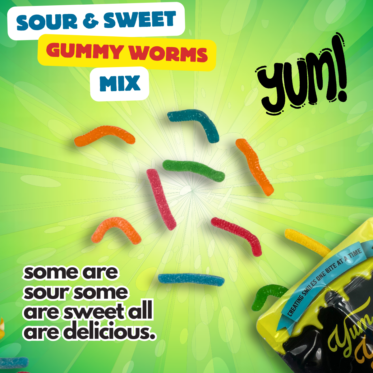 Ultimate Gummy Worm Mix Sweet & Sour Neon Worms 5 Flavors Green Apple, Strawberry, Blue Raspberry, Pineapple, and Orange Sweet Snack