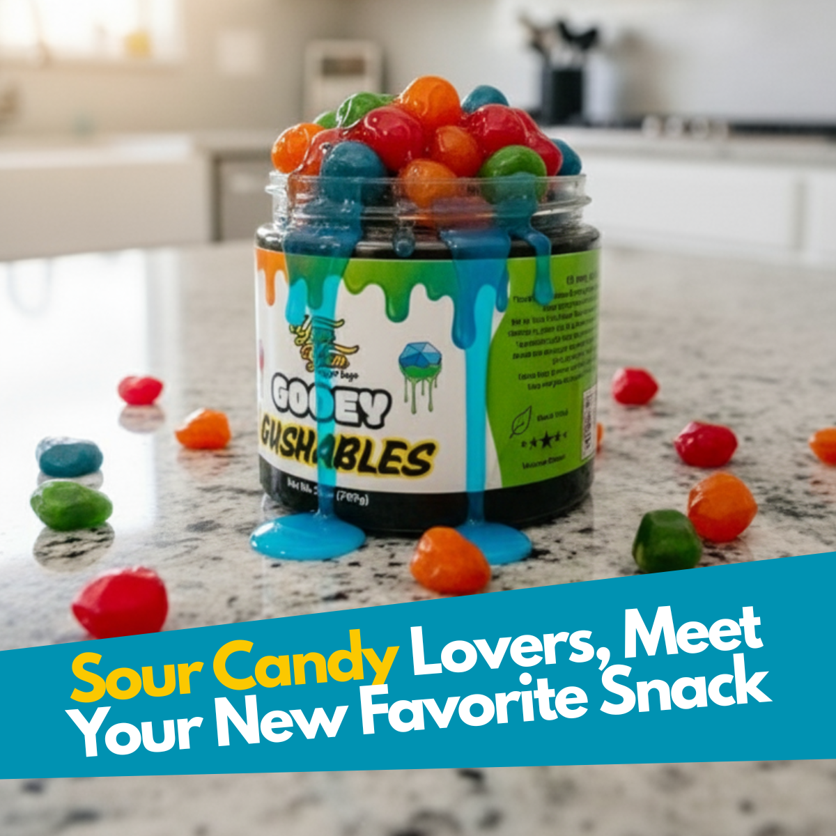 Gooey Gushables - Juicy Fruit Snacks in Sour Blue Raspberry Goo 25oz Jar Sweet Fruity Center Tangy Flavor Perfect for Sharing