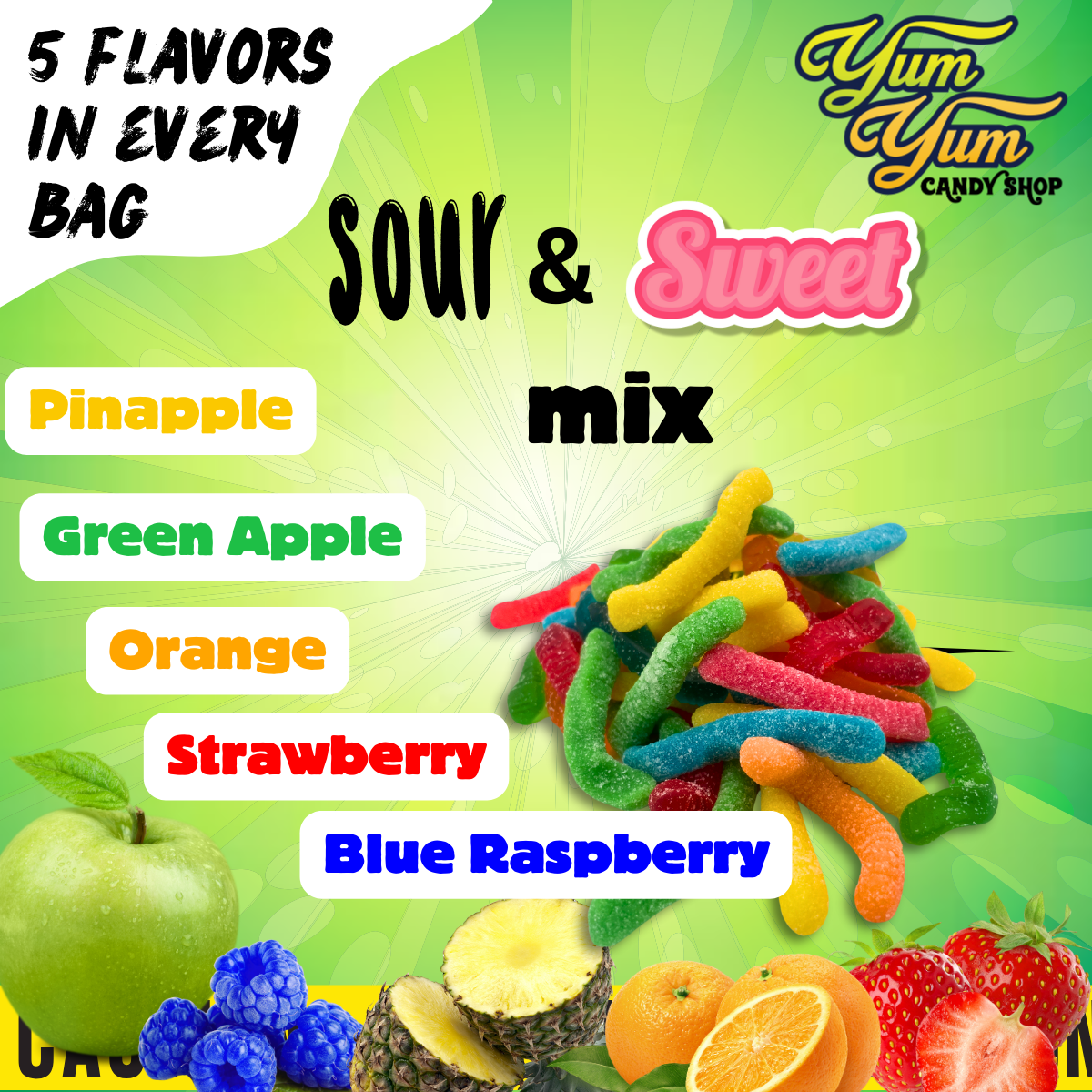 Ultimate Gummy Worm Mix Sweet & Sour Neon Worms 5 Flavors Green Apple, Strawberry, Blue Raspberry, Pineapple, and Orange Sweet Snack