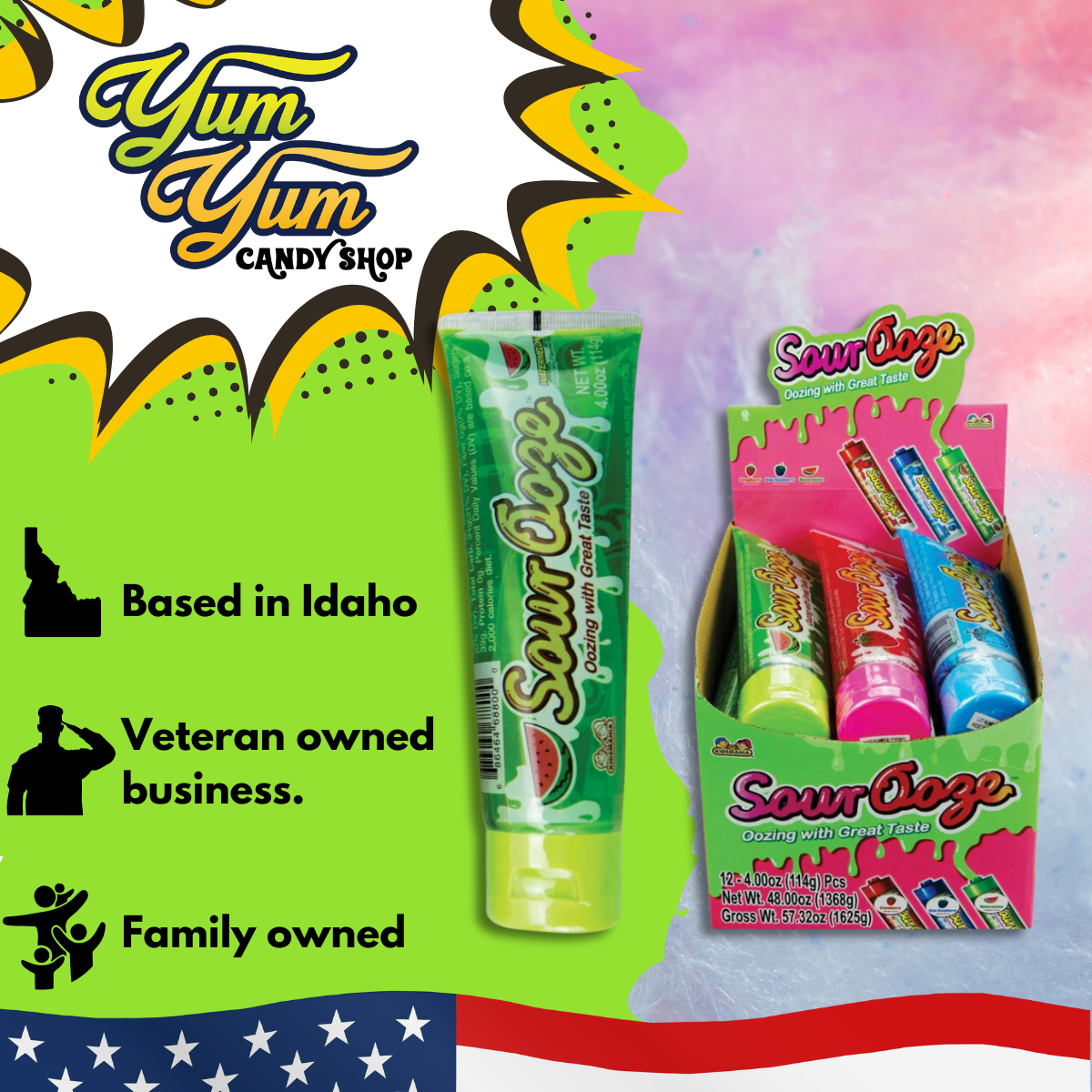 Sour Ooze Tube Squeeze Pop Candy Watermelon Blue Raspberry and Strawberry Flavors 4oz