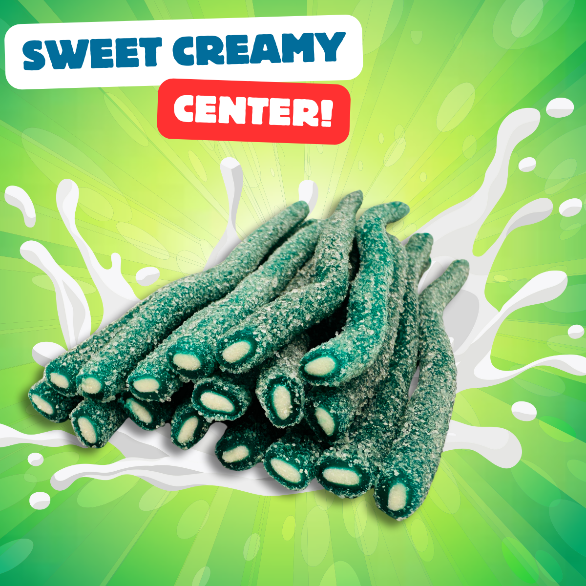 Center Filled Sour Licorice Tubes Sweet Cream Filled Ropes Blue Raspberry, Strawberry, and Watermelon