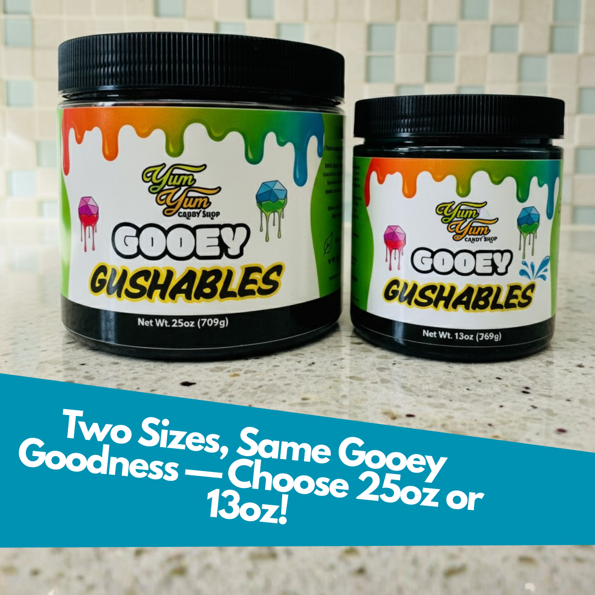 Gooey Gushables - Juicy Fruit Snacks in Sour Blue Raspberry Goo 25oz Jar Sweet Fruity Center Tangy Flavor Perfect for Sharing
