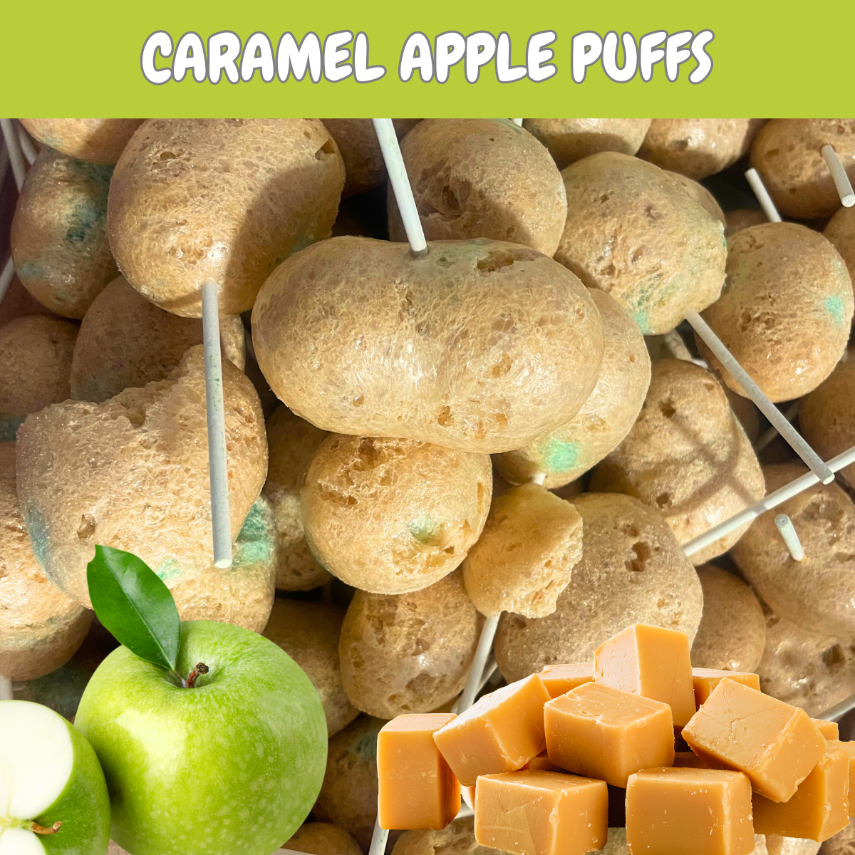 freeze dried caramel apple pops with green apples and caramel