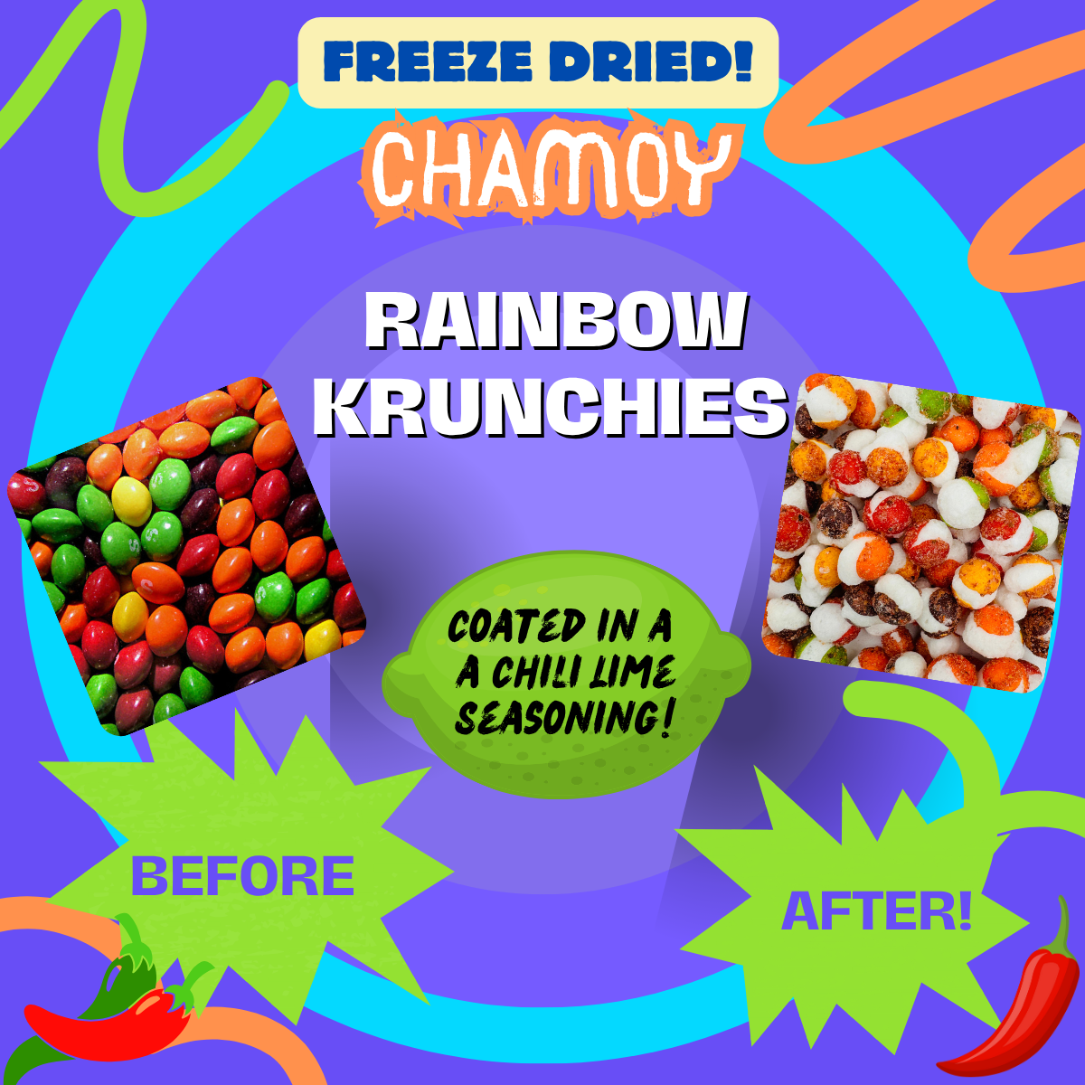 Before and after image of Chamoy Rainbow Krunchies with chili lime seasoning