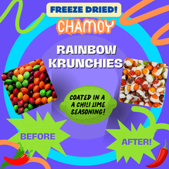 Before and after image of Chamoy Rainbow Krunchies with chili lime seasoning