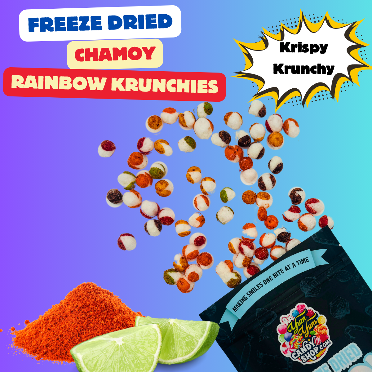 Freeze dried Chamoy Rainbow Krunchies candy poured from bag with chili lime seasoning