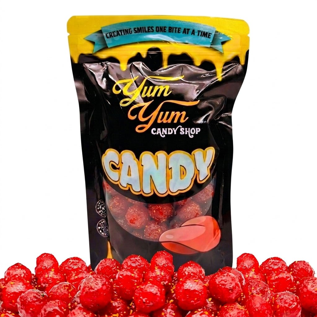 Yum Yum Candy Shop bag with red gummy candies in front