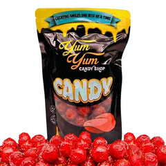 Yum Yum Candy Shop bag with red gummy candies in front