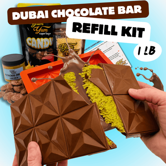 Dubai Chocolate Bar Refill Kit – 1lb milk chocolate bar with pistachio filling, chocolate, pistachio cream, and Yum Yum Candy Shop branding
