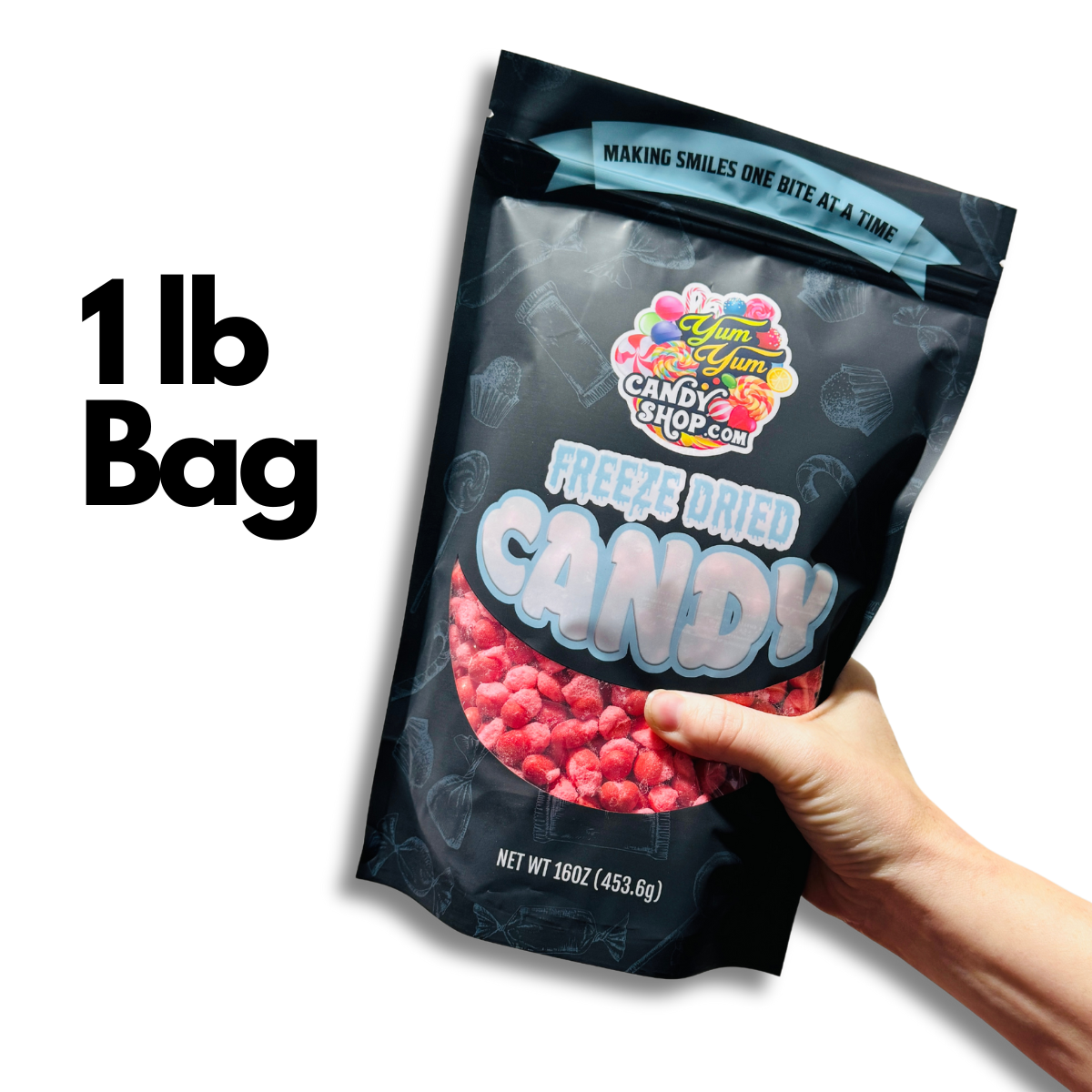 Large 1 pound bag of freeze dried apple cinnamon hotties held in hand