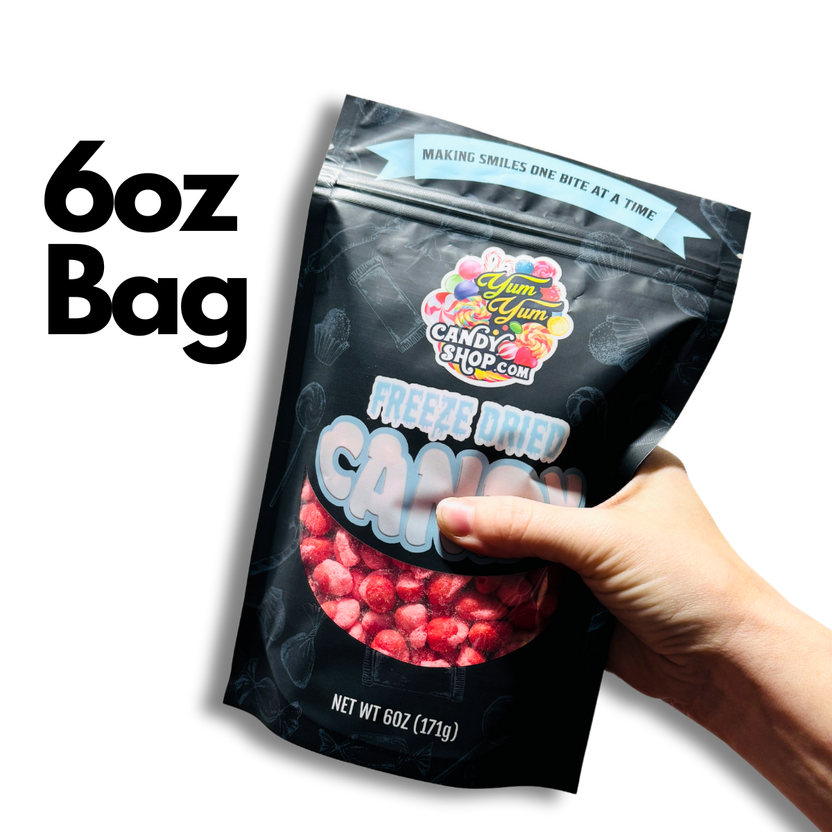 Small 6oz bag of freeze dried apple cinnamon hotties held in hand