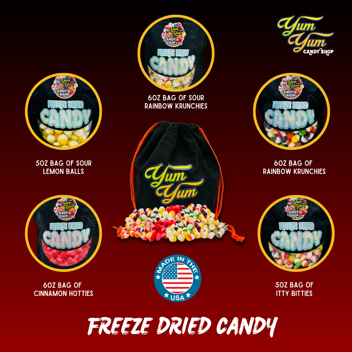 Graphic showing multiple freeze dried candy flavors in resealable bags and gift bag