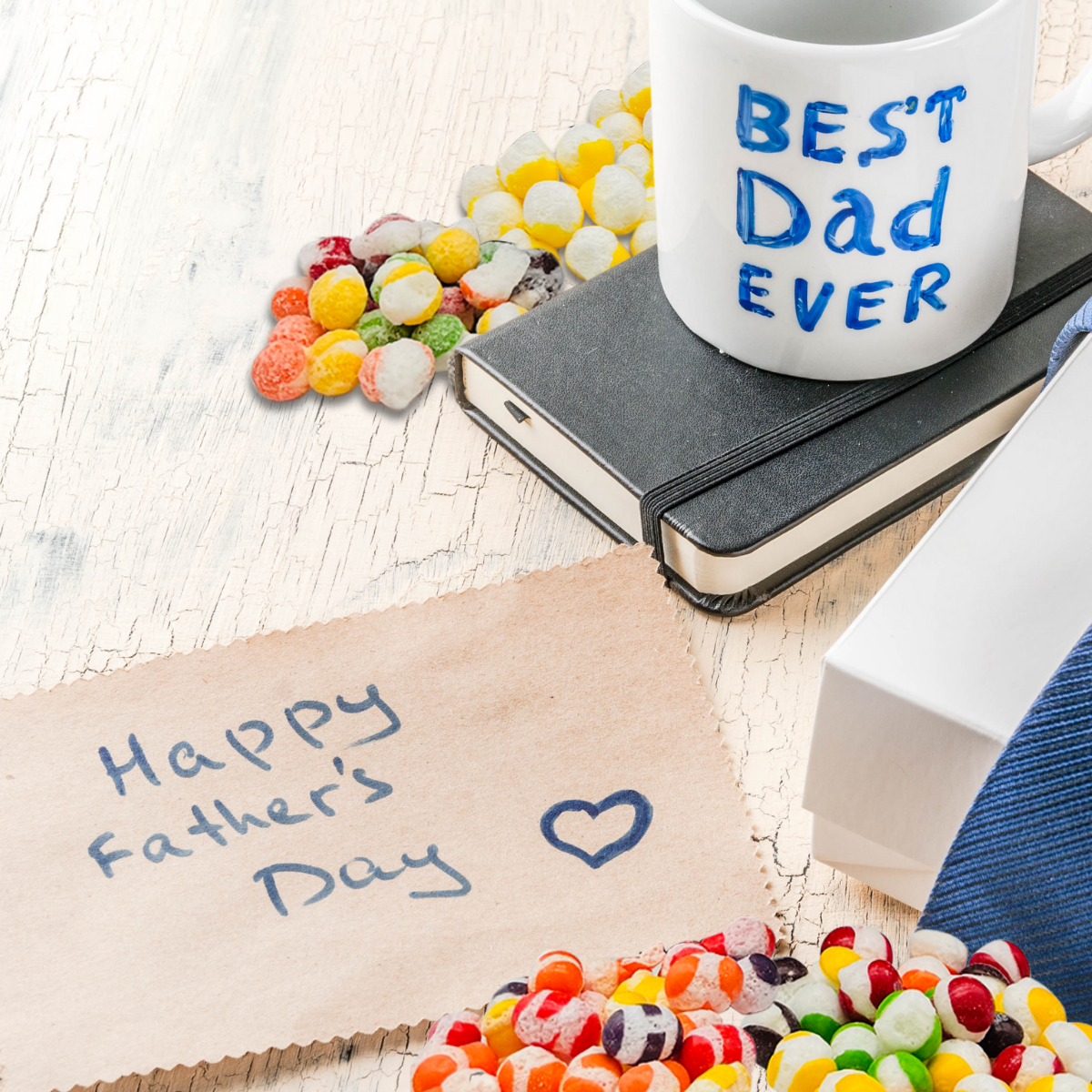 Freeze dried candy in a gift bag with Best Dad Ever mug and Happy Father’s Day note