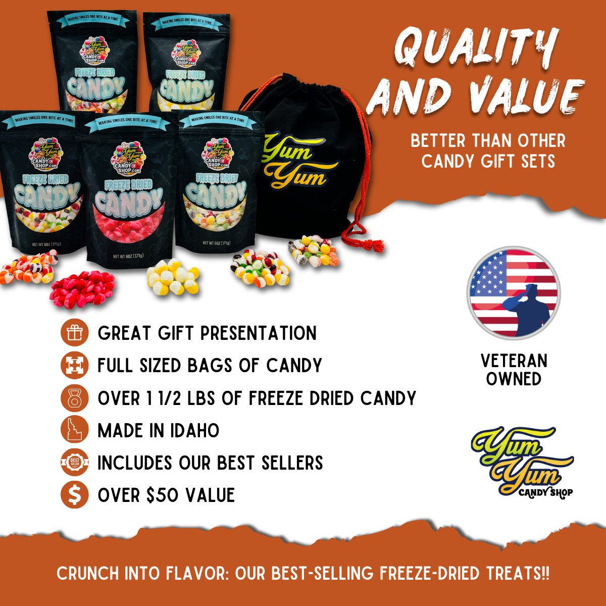 Variety pack features graphic showing gift presentation, candy bag sizes, and veteran-owned business