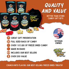 Variety pack features graphic showing gift presentation, candy bag sizes, and veteran-owned business
