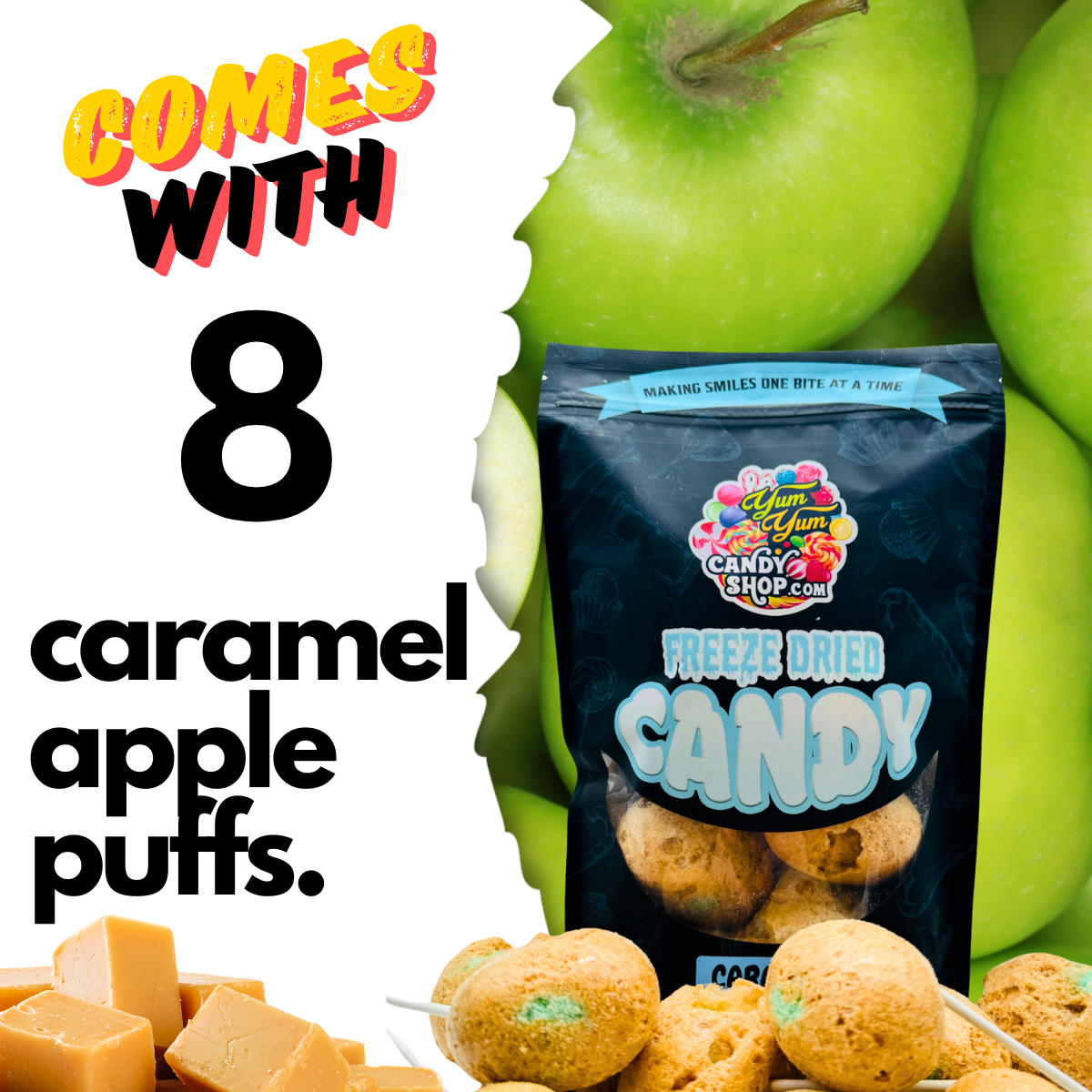 Eight freeze dried caramel apple pops with green apples and caramel