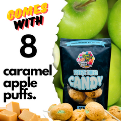 Eight freeze dried caramel apple pops with green apples and caramel
