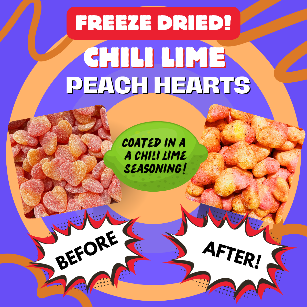 Chamoy peach hearts before and after freeze drying, coated in tangy chamoy seasoning