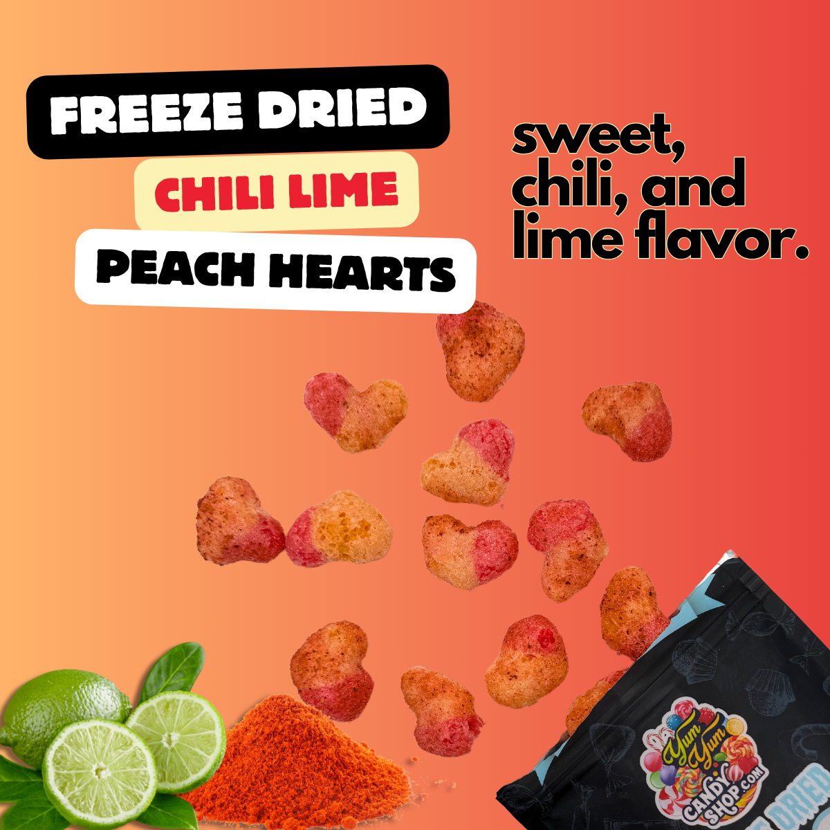 Sweet and tangy freeze dried chamoy peach hearts with lime wedges and chili powder