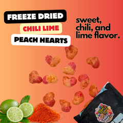 Sweet and tangy freeze dried chamoy peach hearts with lime wedges and chili powder
