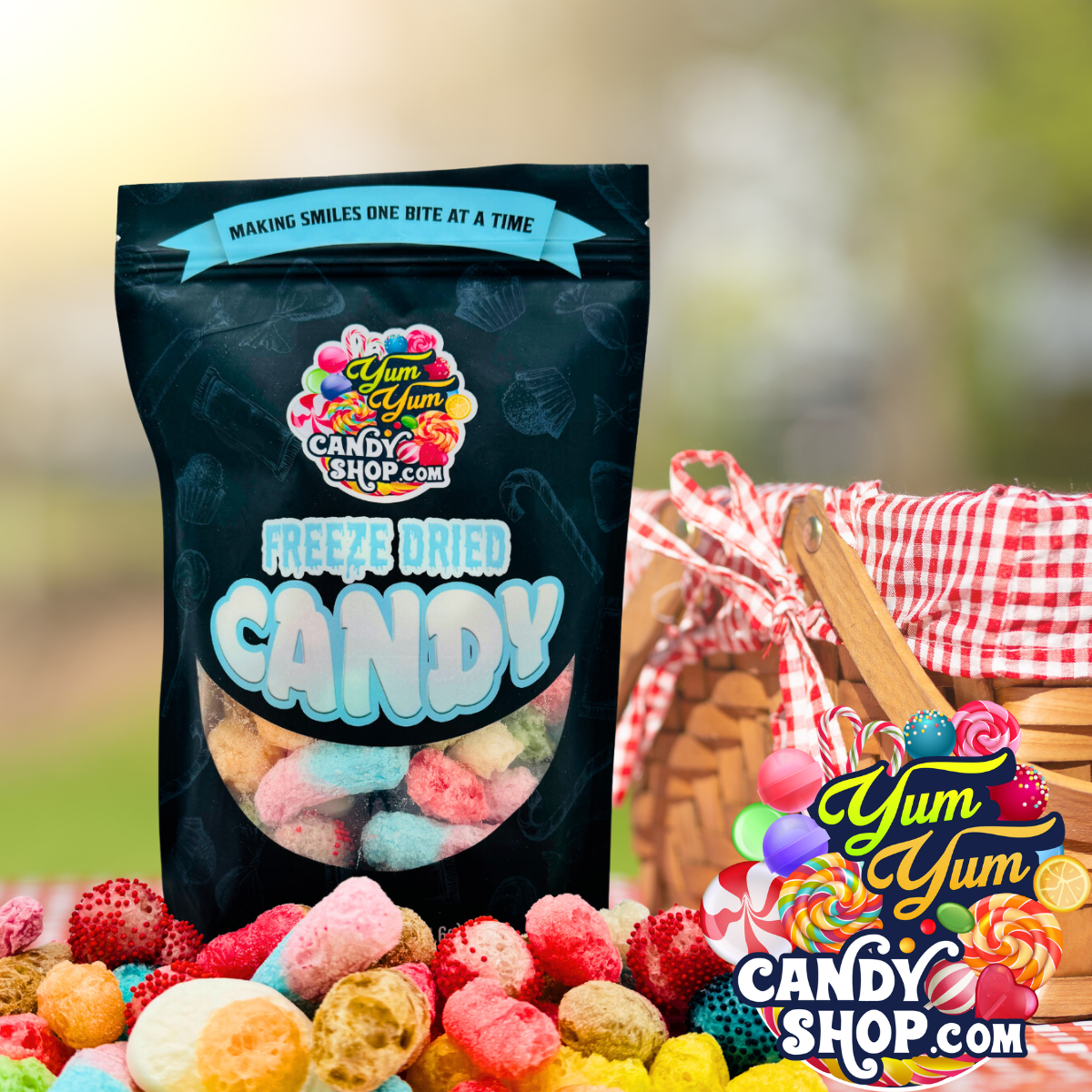 Freeze dried gummies candy bag at picnic with basket and fruit
