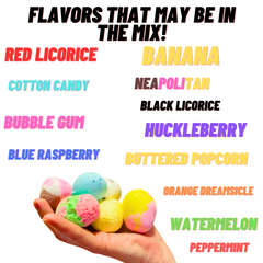 Freeze dried salt water taffy with list of possible flavors including licorice, cotton candy, bubble gum, and more
