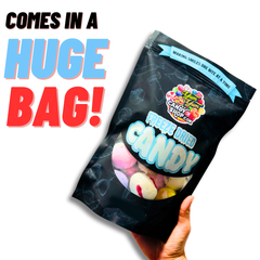 Large bag of freeze dried salt water taffy held in hand