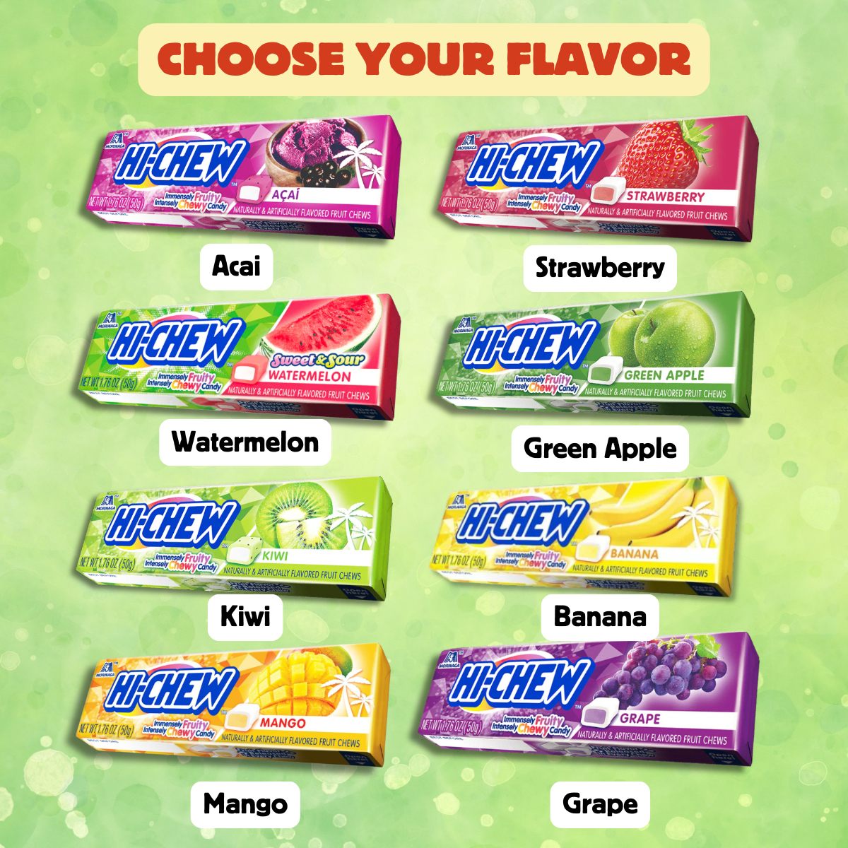 Hi-Chew flavor chart assorted fruit candy sticks strawberry mango grape green apple banana acai berry watermelon