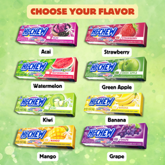 Hi-Chew flavor chart assorted fruit candy sticks strawberry mango grape green apple banana acai berry watermelon