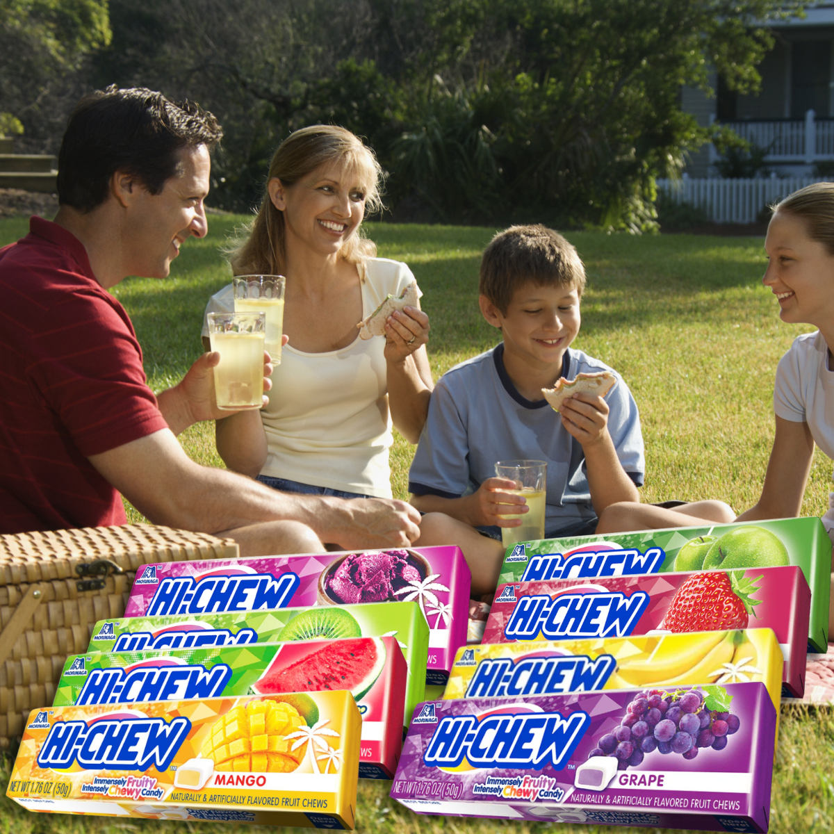 Family enjoying Hi-Chew chewy fruit candy at picnic
