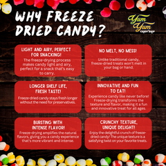 Graphic listing benefits of freeze dried candy including light texture, long shelf life, and intensified flavor